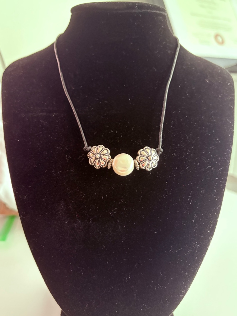 Pearl & Floral Bead Necklace in Cream and Silver on black leather cord